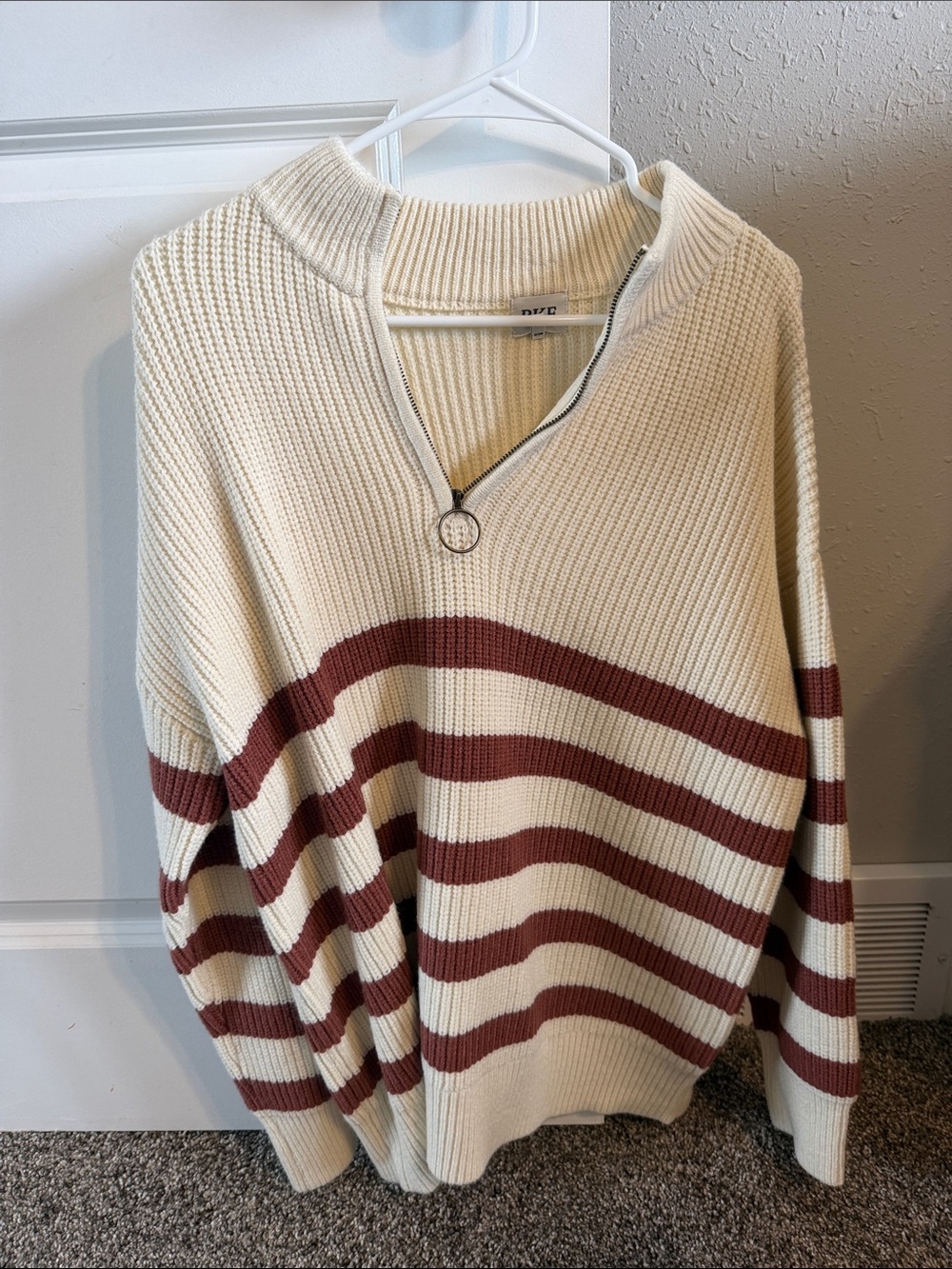 Cream and Rust Striped Half-Zip Sweater